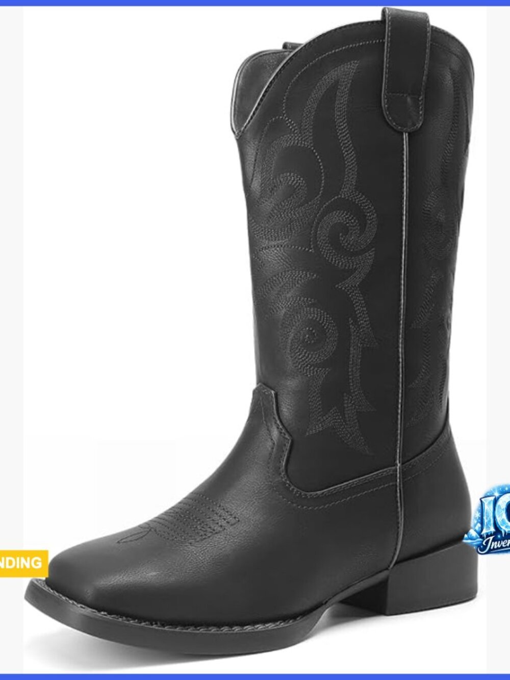 Faux Leather Embroidered Cowgirl Boots Square Toe Mid Calf Western